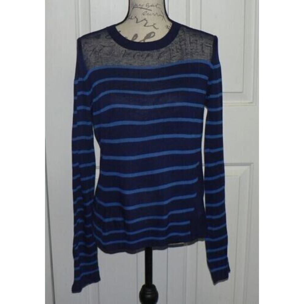 John + Jenn Women's Lightweigh Crewneck Striped‎ Sweater in Blue Scale MSRP $118